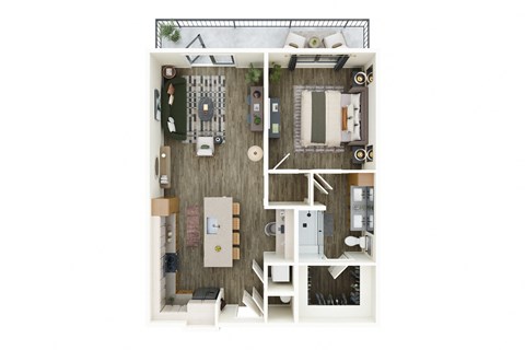 A top-down view of a small apartment with a kitchen, living room, and bathroom.